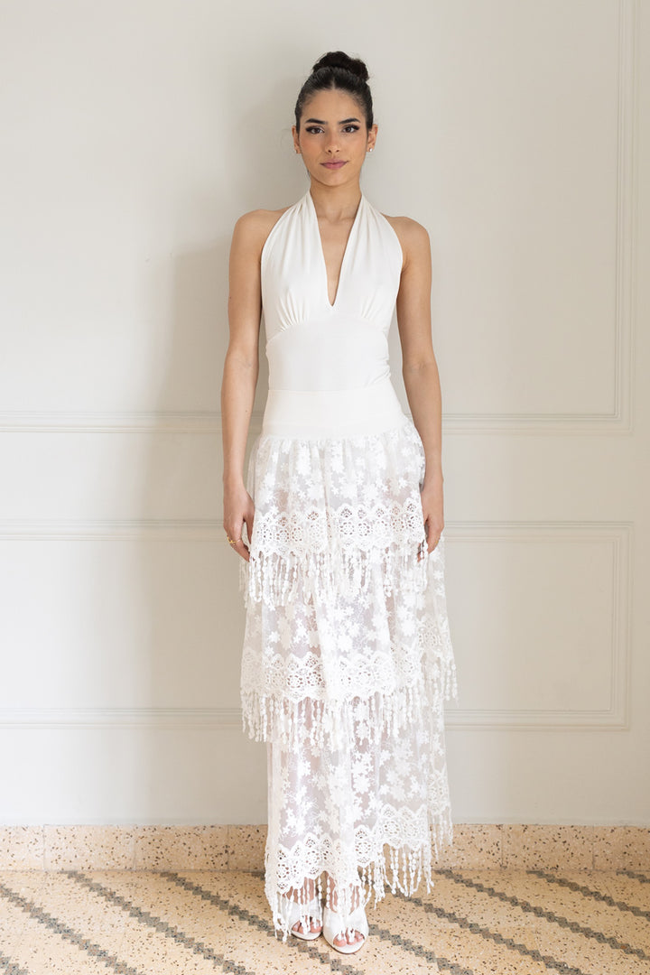 White Halter Neck & Lace Tiered Skirt Set