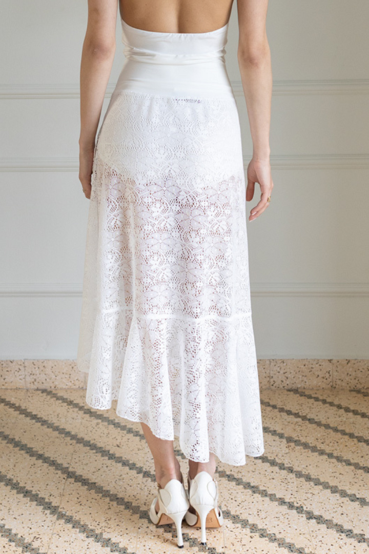 White Lace Asymmetric Wrap Skirt With Ruffles