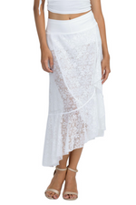Load image into Gallery viewer, White Lace Asymmetric Wrap Skirt With Ruffles