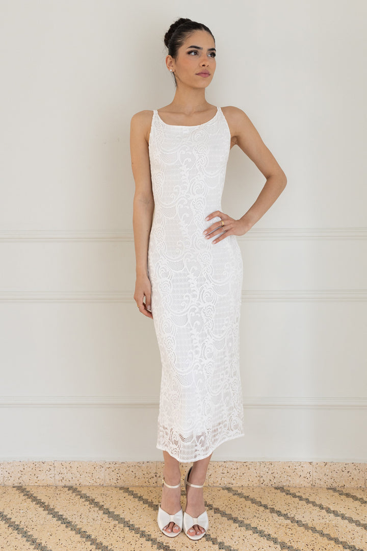 White Lace Bodycon Midi Dress With Twisted Back Detail