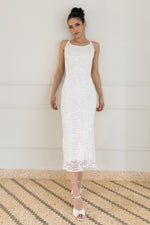 Load image into Gallery viewer, White Lace Bodycon Midi Dress With Twisted Back Detail