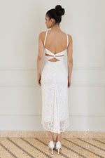 Load image into Gallery viewer, White Lace Bodycon Midi Dress With Twisted Back Detail