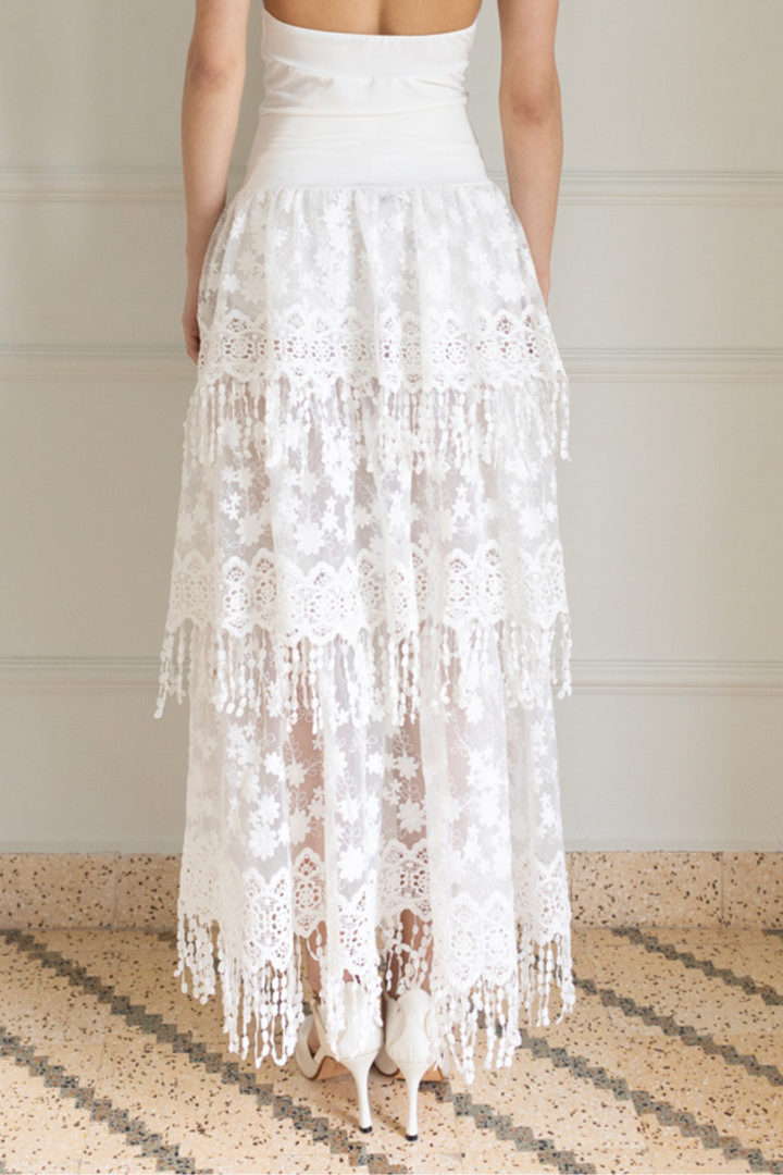 White Lace Fringe Maxi Skirt
