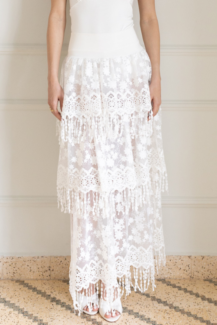 White Lace Fringe Maxi Skirt