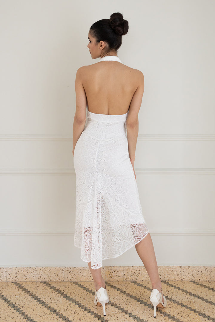 White Lace Halter-Neck Fishtail Tango Dress