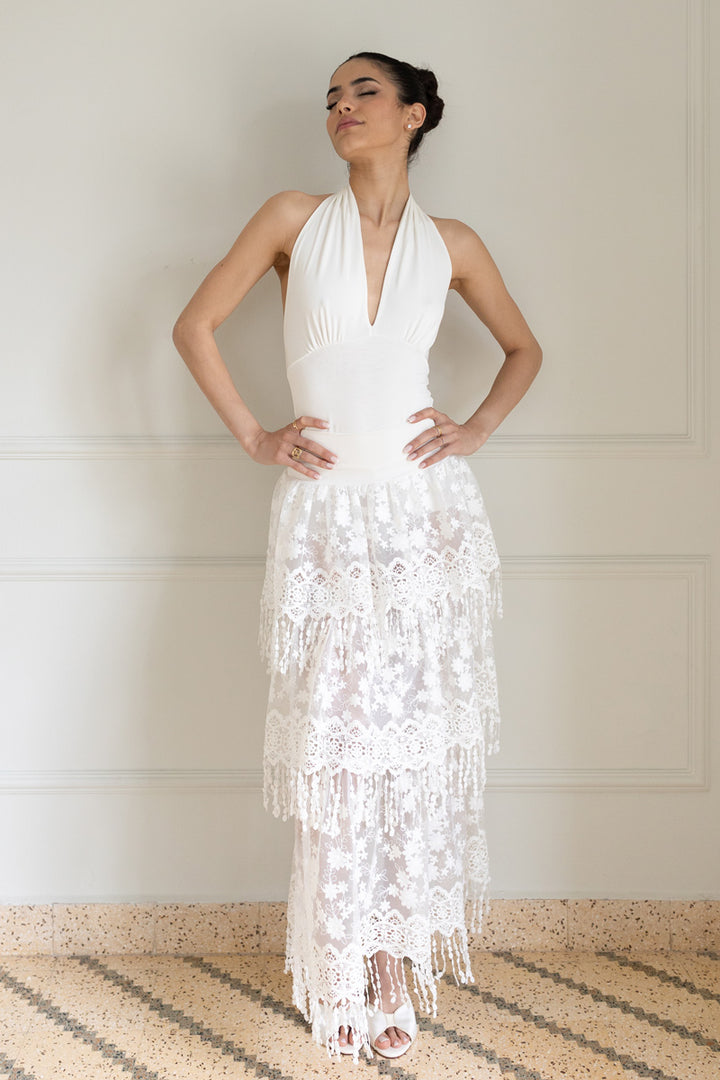 White Lace Tiered Skirt With Sequin Fringe