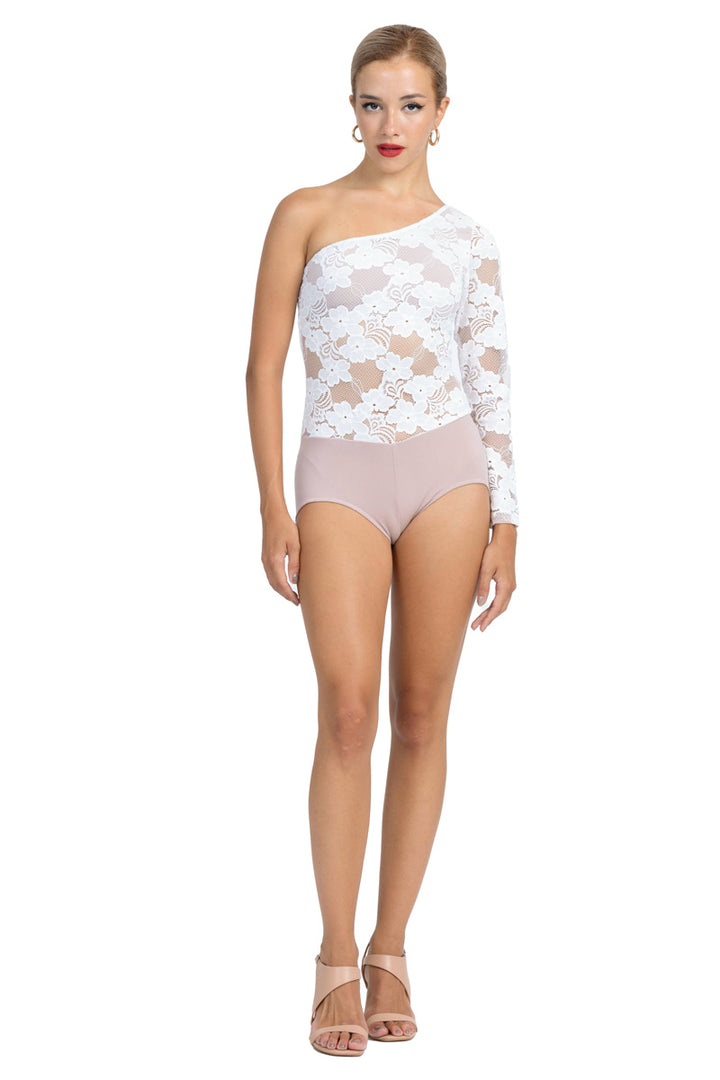 White One-Sleeve Floral Lace Bodysuit