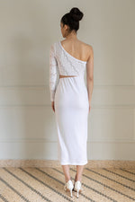 Load image into Gallery viewer, White One Sleeve Lace And Velvet Midi Dress