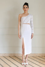 Load image into Gallery viewer, White One Sleeve Lace And Velvet Midi Dress