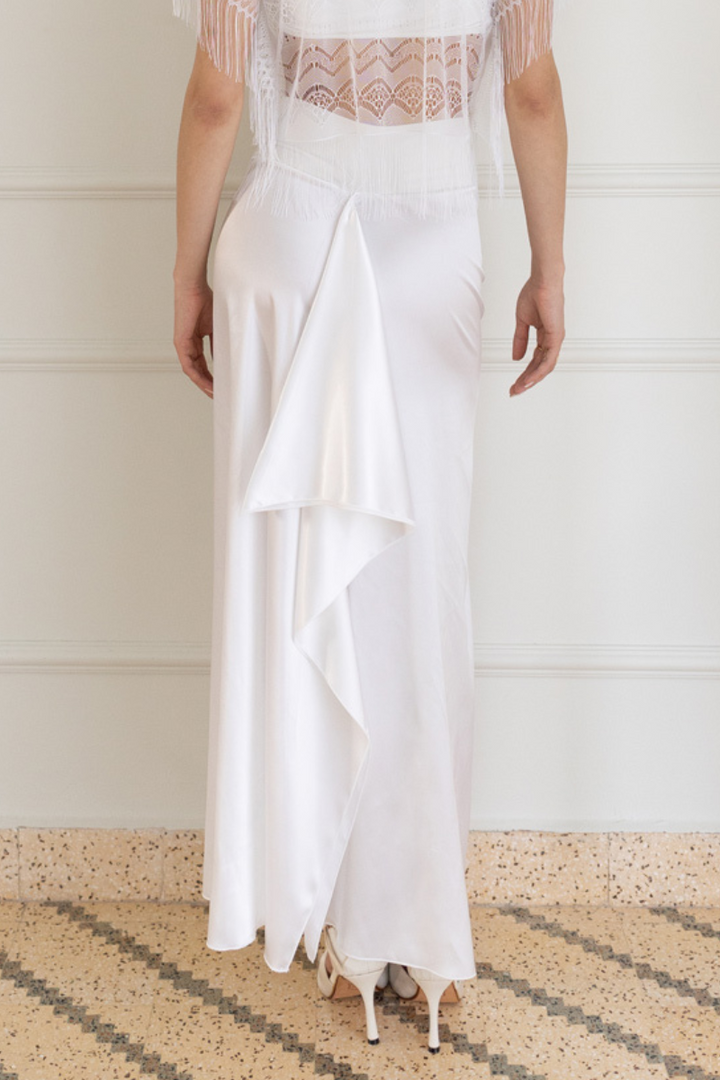 White Satin Maxi Skirt With Back Movement