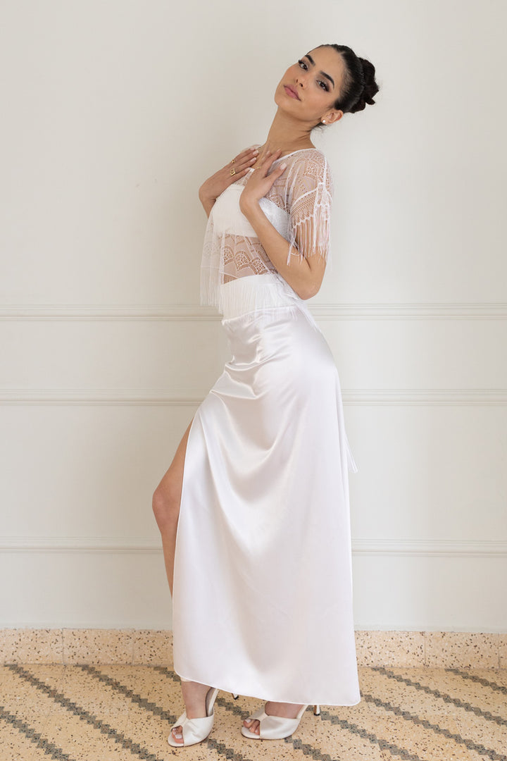 White Satin Skirt With Center-Back Ruffles