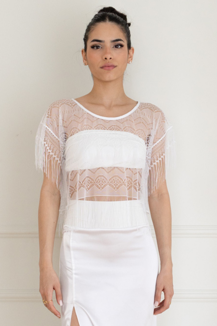 White Sheer Lace Top With Fringe