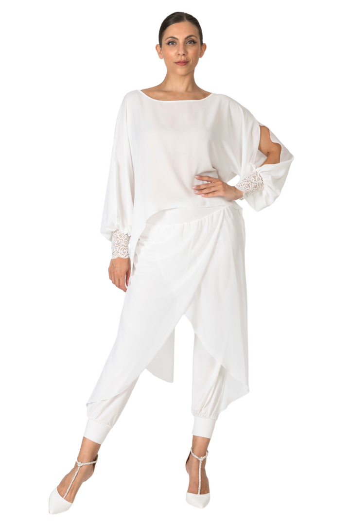 White Georgette Long Tail Top With Lace Details