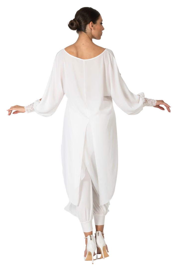 White Georgette Long Tail Top With Lace Details