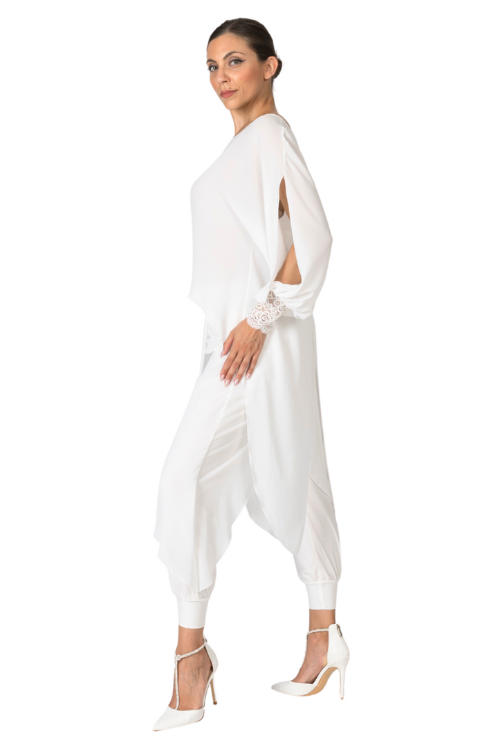 White Georgette Long Tail Top With Lace Details