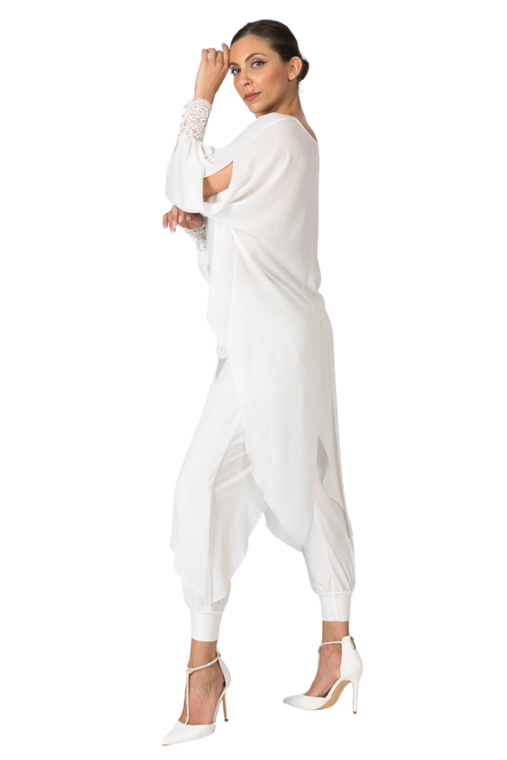 White Georgette Long Tail Top With Lace Details