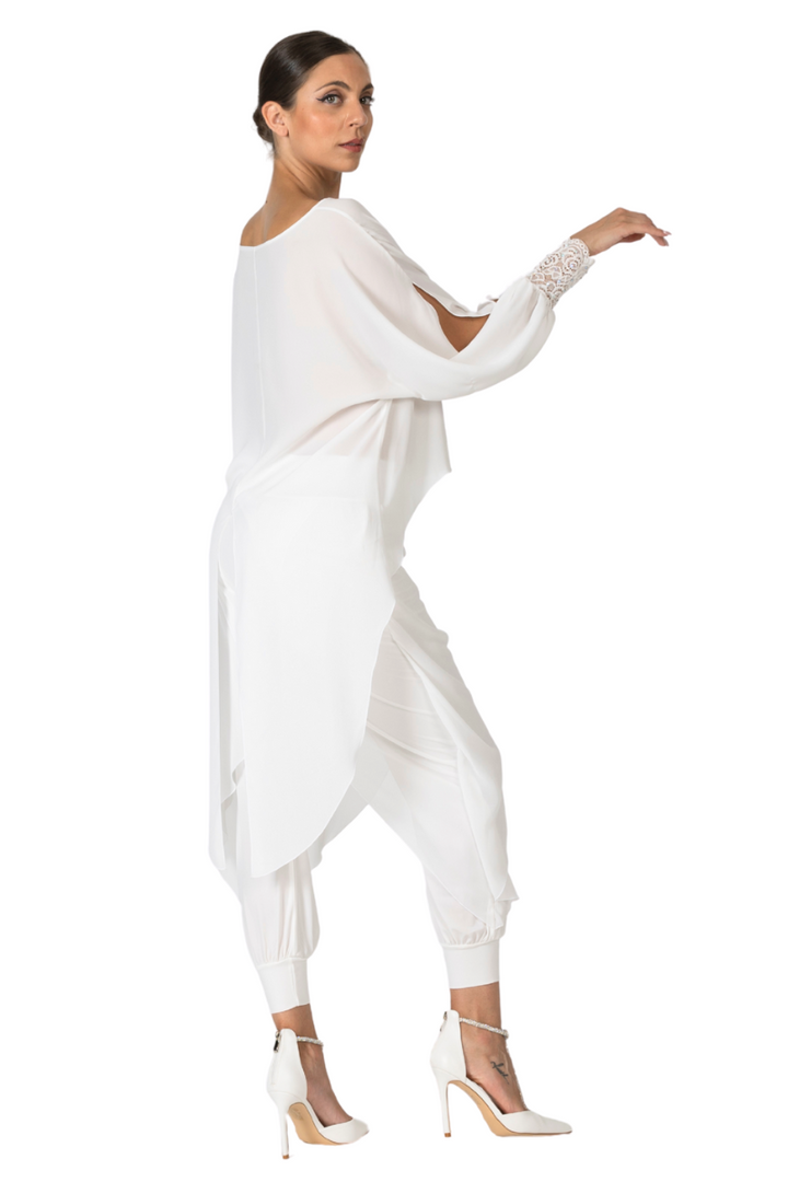 White Georgette Long Tail Top With Lace Details