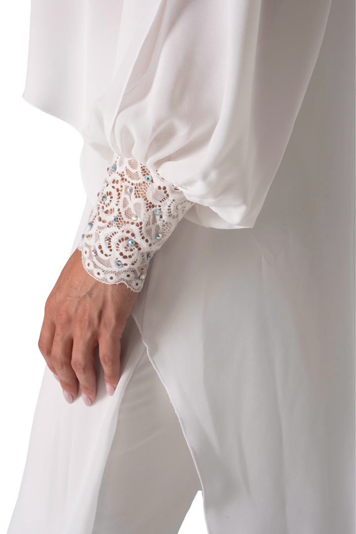 White Georgette Long Tail Top With Lace Details