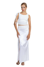 Load image into Gallery viewer, White Shiny Satin Maxi Skirt With Back Movement