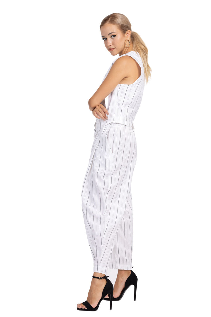 White Striped Tappered Women's Tailored Trousers