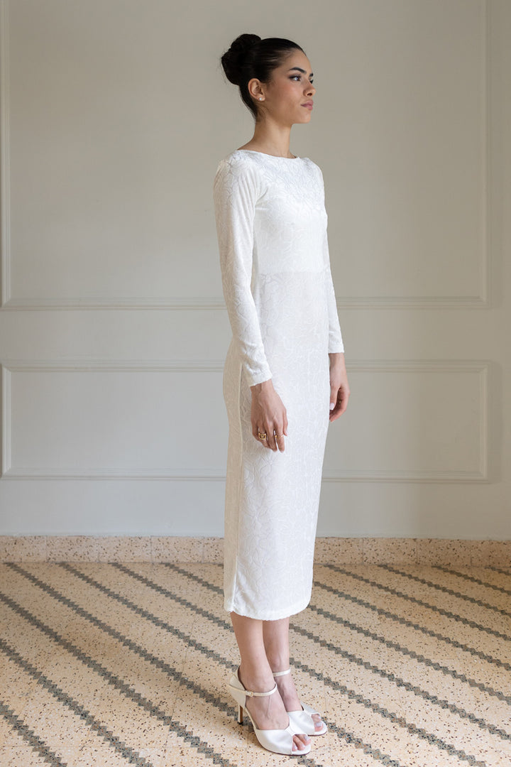 White Textured Velvet Dress With Open Back & Long Sleeves