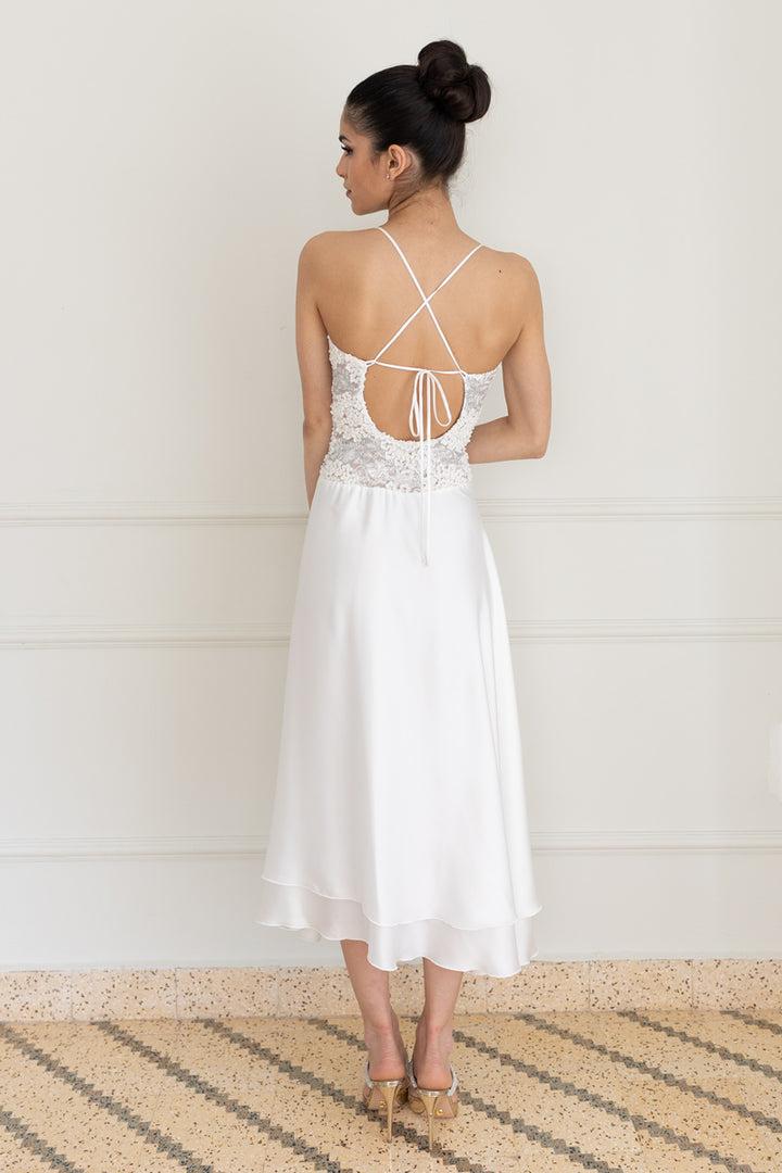 White Two-layered Satin And 3D Lace Open Back Dress