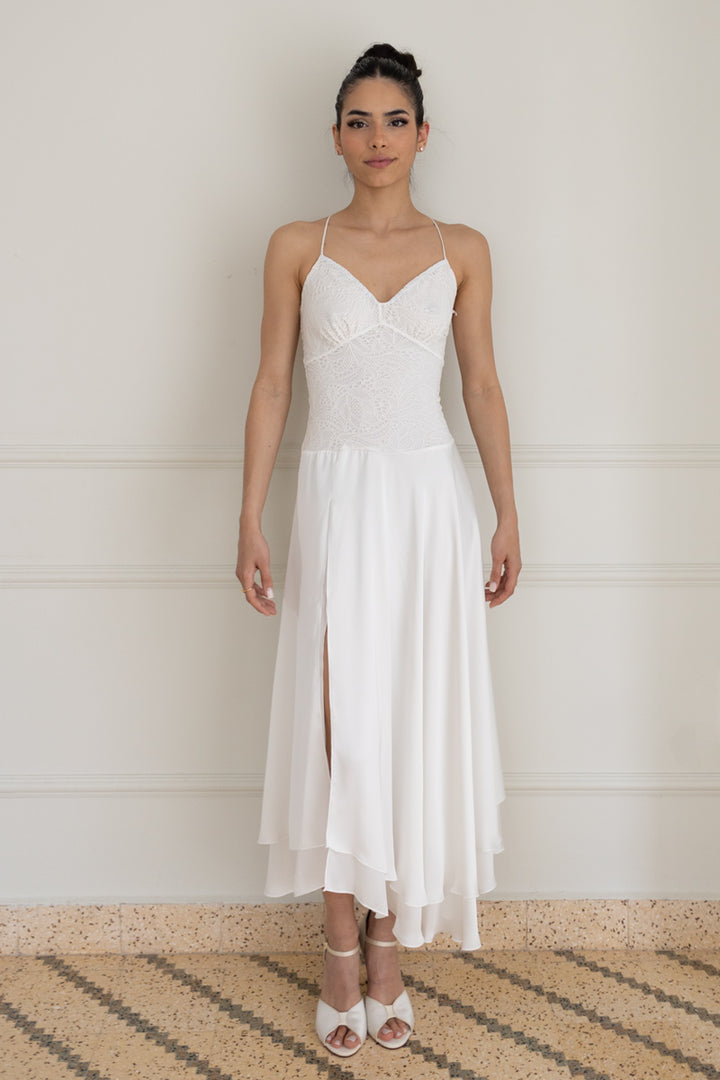 Off White Two-layer Satin And Lace Open Back Dress Off White Two-layer Satin And Lace Open Back Dress