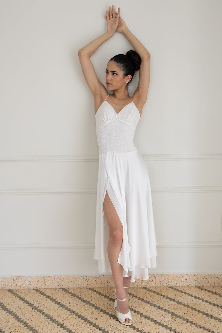 White Two-layer Satin And Lace Open Back Dress