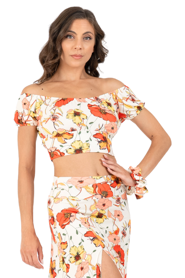 Wild Poppy Print Off-The-Shoulder Crop Top