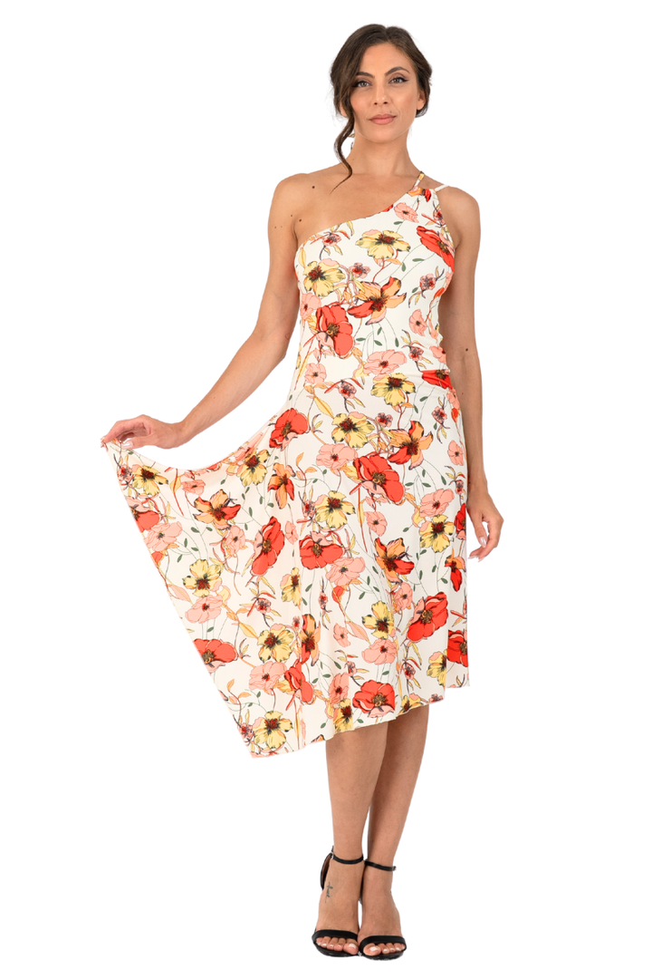Wild Poppy Print One-Shoulder Handkerchief Tango Dress