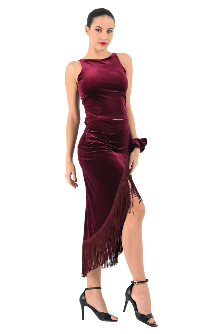 Wrap Velvet Tango Skirt With Fringe