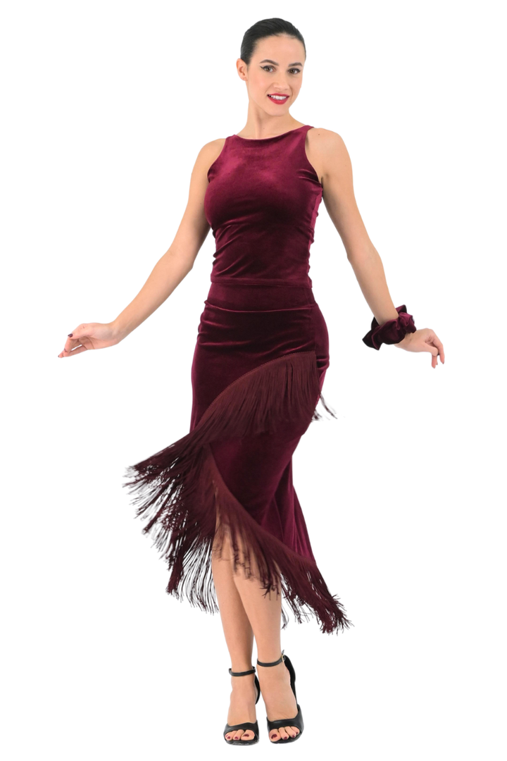 Wrap Velvet Tango Skirt With Fringe
