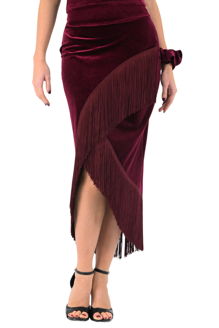 Wrap Velvet Tango Skirt With Fringe