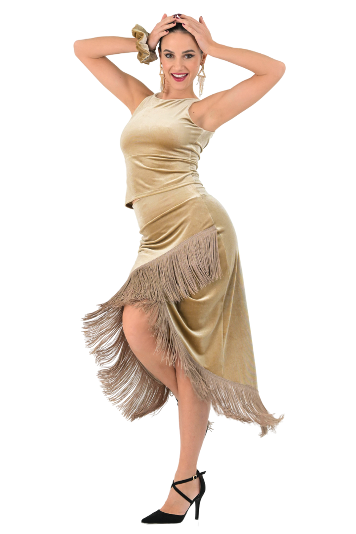 Wrap Velvet Tango Skirt With Fringe