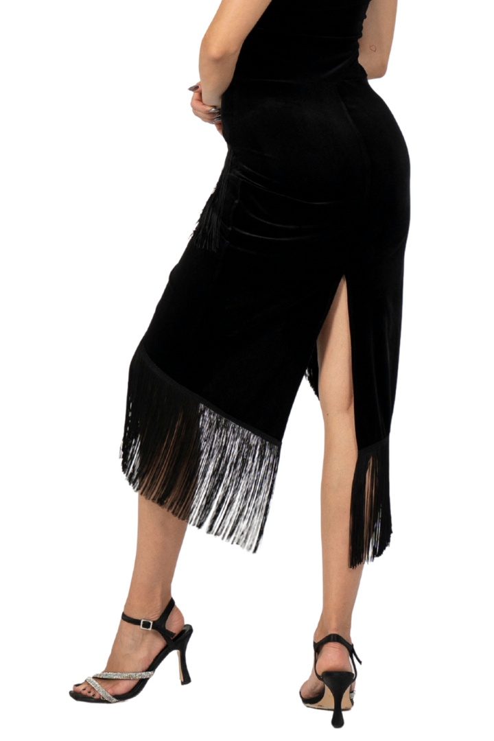 Wrap Velvet Tango Skirt With Fringe
