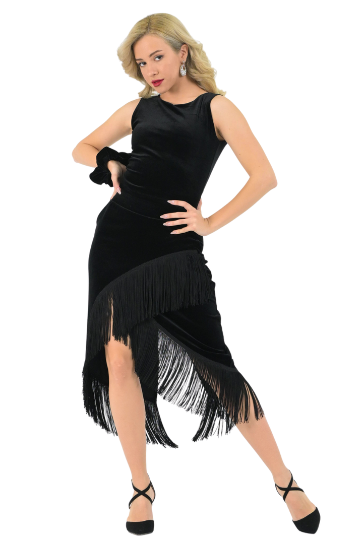 Wrap Velvet Tango Skirt With Fringe
