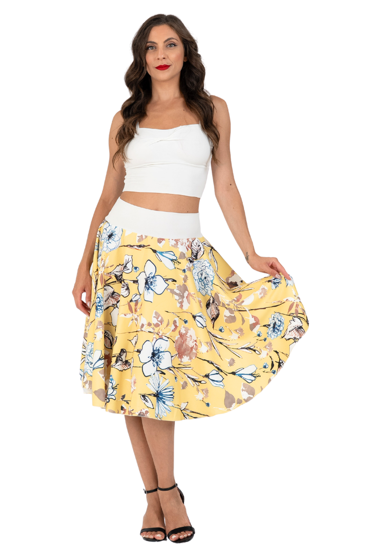 Yellow Floral Print A-Line Skirt