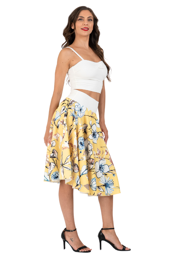 Yellow Floral Print A-Line Skirt