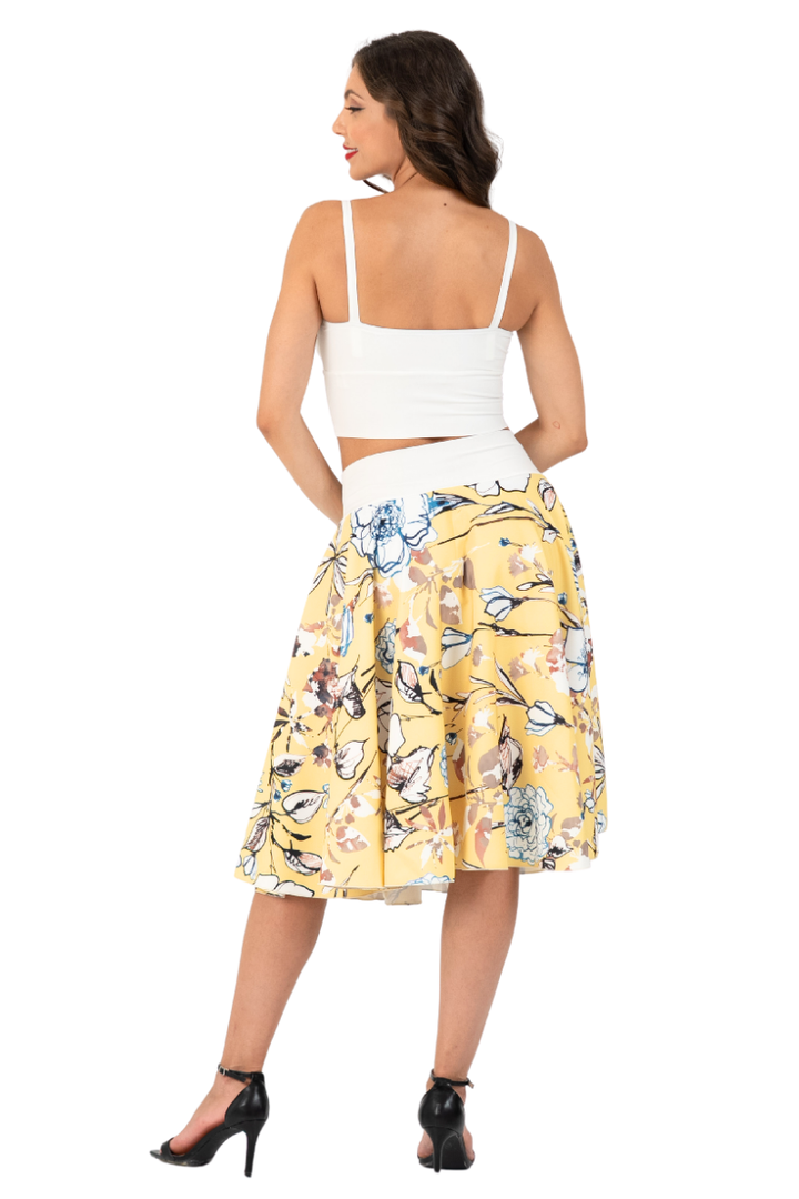 Yellow Floral Print A-Line Skirt