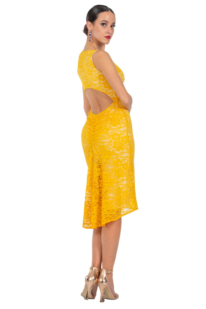 Yellow Lace Keyhole Back Fishtail Dress