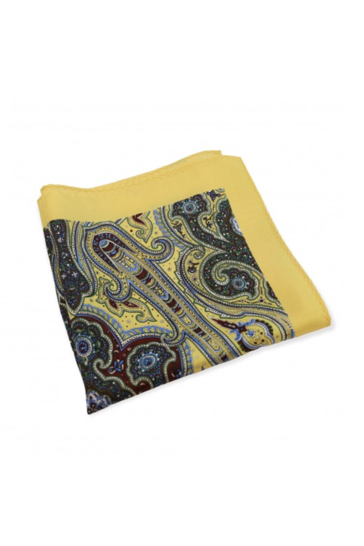 Yellow Paisley Print Silk Men's Pocket Square