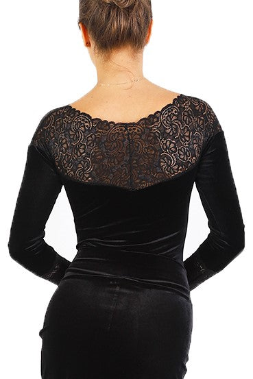 Black Velvet Bodysuit with Long Sleeves and Lace Details