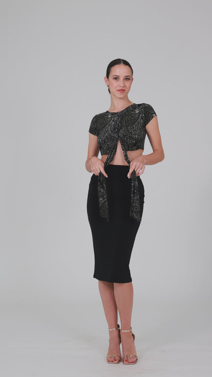 Dark Abstract Print Waist Tie Crop Top