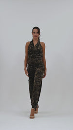 Load and play video in Gallery viewer, Snake Print Velvet Devoré Jumpsuit With Side Slits
