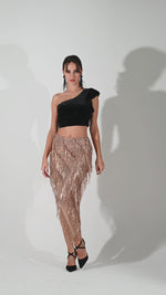 Load and play video in Gallery viewer, Sparkling Sequin Fringe Asymmetric Tango Skirt
