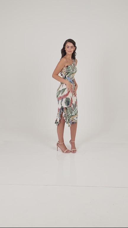 Botanic Leaf Print One-Shoulder Midi Dress With Side Ruffles