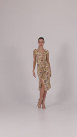 Load and play video in Gallery viewer, Muted Floral Bodycon Dance Dress With Front Ruffles And Gatherings
