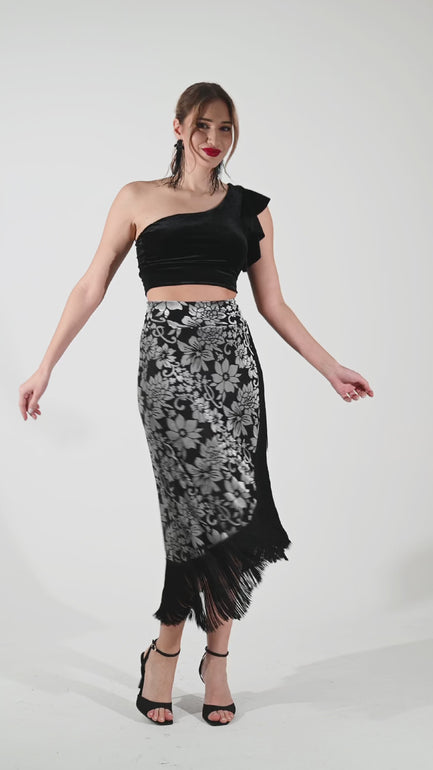 Floral Velvet Wrap Effect Dance Skirt With Fringe