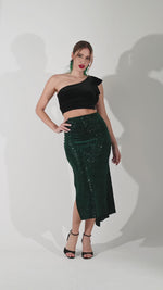 Load and play video in Gallery viewer, Forest Green Sequin Velvet Tango Skirt With Side Slit
