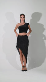 Load and play video in Gallery viewer, Shimmer Soft Fringe Asymmetric Tango Skirt
